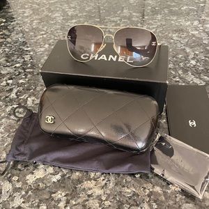 Chanel sunglasses silver black frame aviator/gray